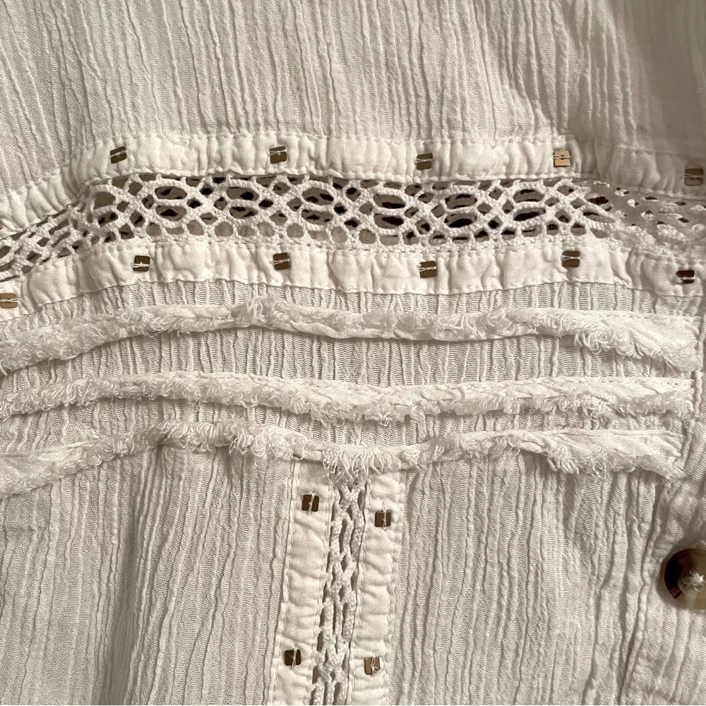 Free People Embroidered Summer Stars Ranch Style Button-Up Ivory Gauze Top XS